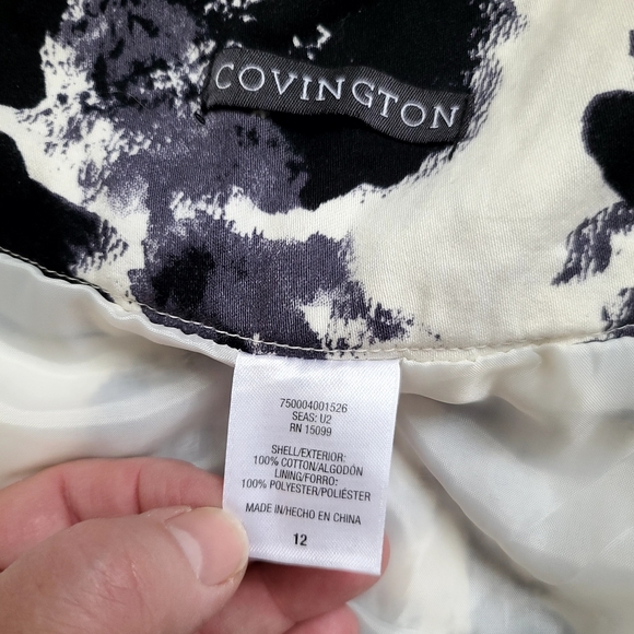 Covington black & white floral skirt, size 12, fitted w/ zipper, black stiching - Picture 6 of 9